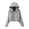 Womens Loose Fit Zip Up Hoodie Short Sweatshirt Solid Color Long Sleeve Casual Fashion