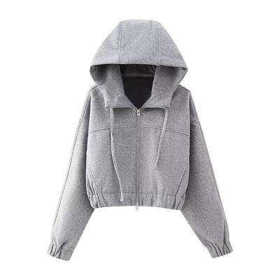 Womens Casual Short Hooded Zip Sweatshirt Loose Fit Solid Color Long Sleeve Street Style