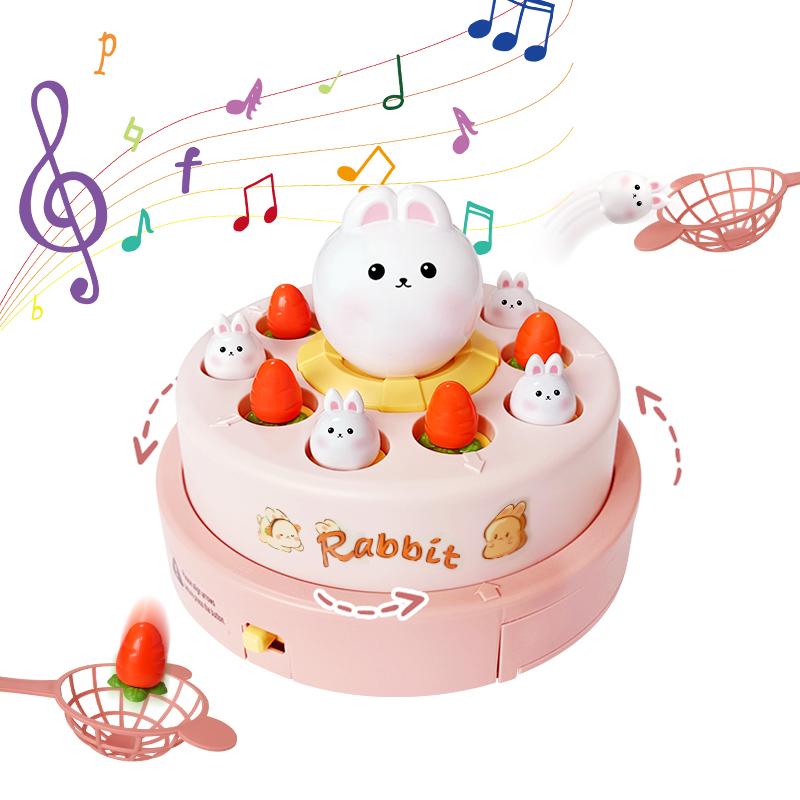 Electric Pop-up Turntable Toy with Music Cartoon Rotating Rabbit Catcher Toys with Nets Musical Launching Rotating Game Kids Toy