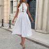 Women Retro Polka Dot Lace Up Halter Sleeveless High Waist Midi A Line Dress