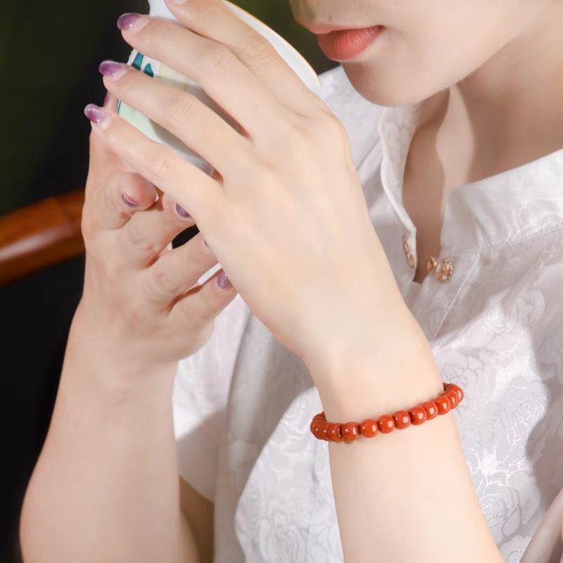 Natural Southern Red Agate Beads Bracelet from Liangshan, Persimmon Red Buddhist Bracelet