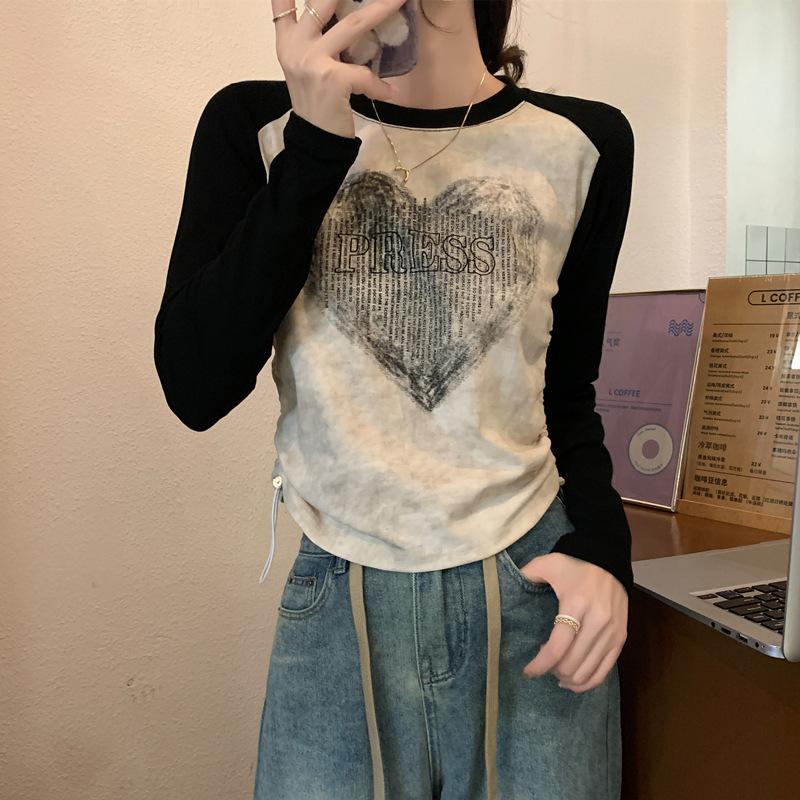 Retro Front Shoulder Long Sleeve T-shirt for Women's Spring Clothes New Slim Fit Slim Inner Bottoming Shirt for Women