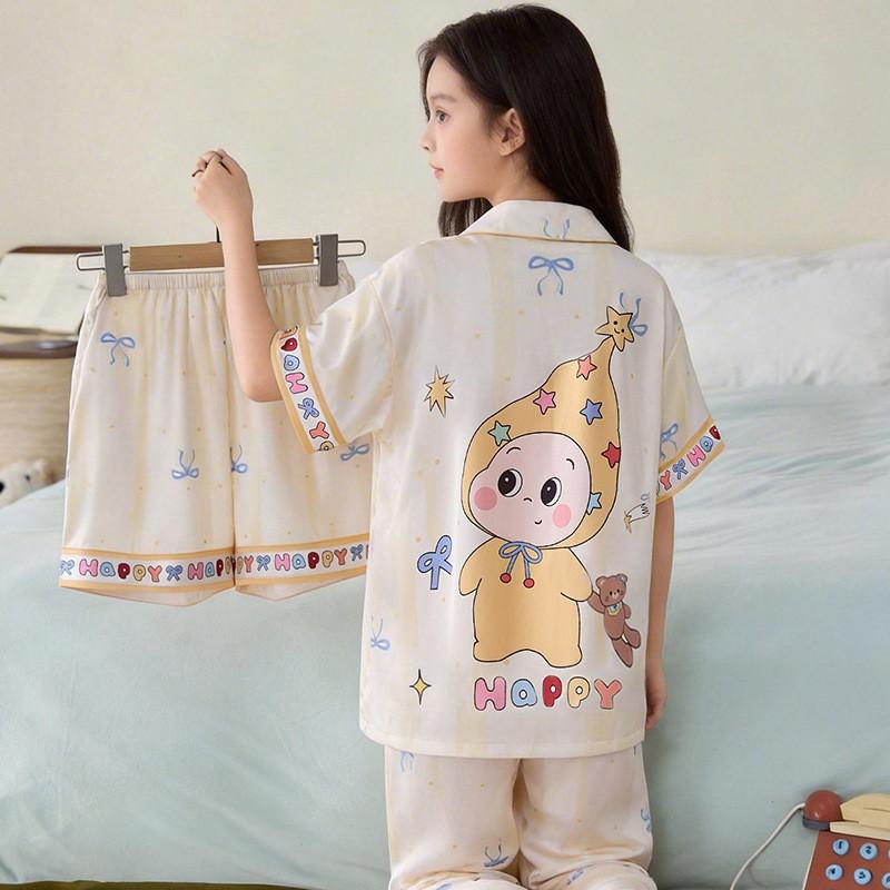 Girls Ice Silk Pajama Set Short Sleeve 3-Piece Cartoon Home Wear Ages 8