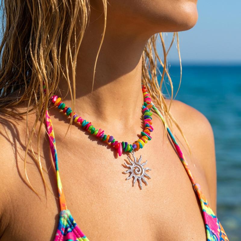 1Pcs Vintage Silver Color Sun Pendant Necklaces Bohemian Rainbow Beaded Choker Necklace For Women Summer Beach Jewelry Gift