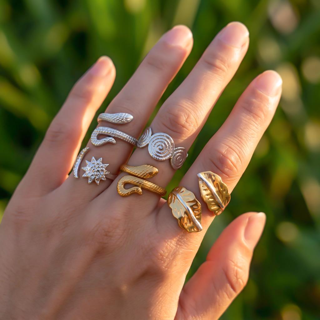 Stainless Steel Snake Sun Moon Spiral Adjustable Open Ring Set (5 Pieces)
