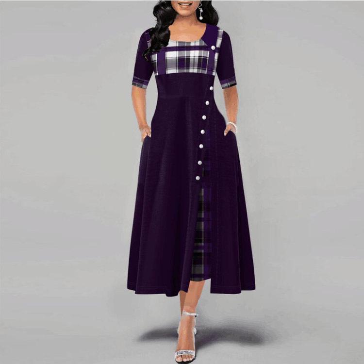 Ladies Vintage Button Dress Patchwork A-Line Dress Women Elegant Long Plaid Print Party Dresses