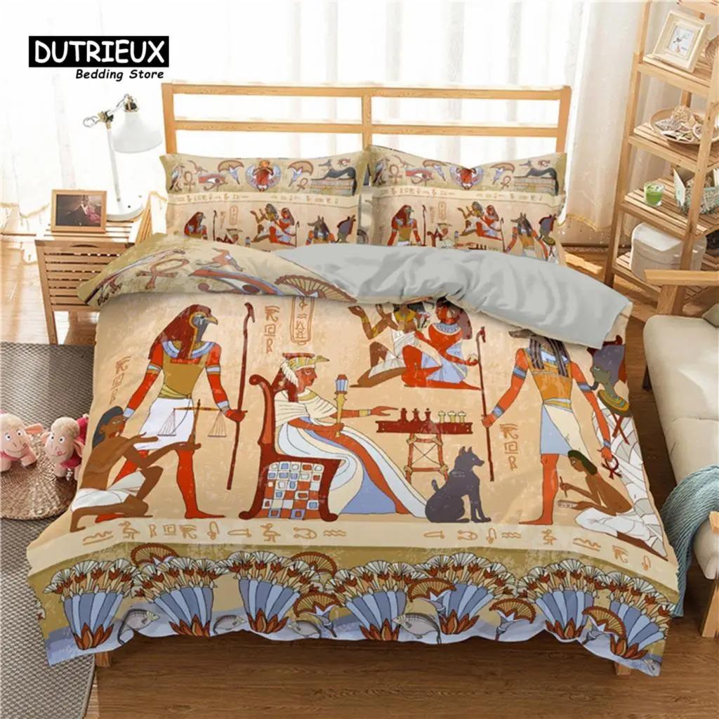 Egyptian Bedding Set Exotic Tribal Retro Theme Ancient Egypt Civilization Characters Duvet Cover Boho Animals Floral Pillowcases