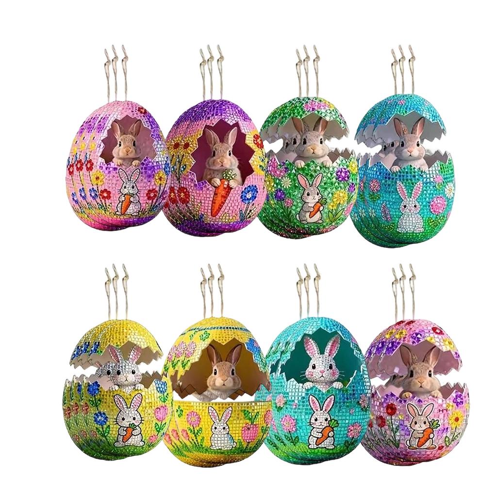Wooden 8pcs Easter Egg Decoration Pendant, Wooden Group Of Little Rabbits Hanging Decoration