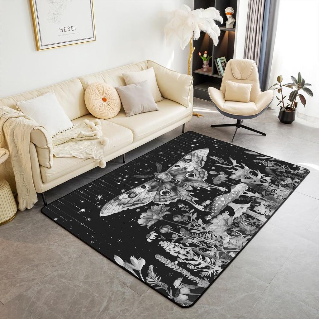 Erosebridal Moth Skull Moon Area Rug 4'11" X 3'3" Bohemian Stars Exotic Living Room Rugs Starry Sky Mysterious Decorative Carpet Black and W