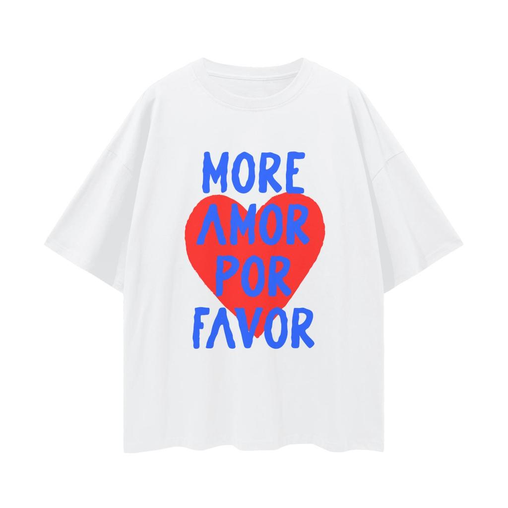 Divertente T-shirt Spagnola More Amor Por Favor con Grafica a Cuore, Carina Casual Manica Corta in Cotone, Regalo per San Valentino Streetwear