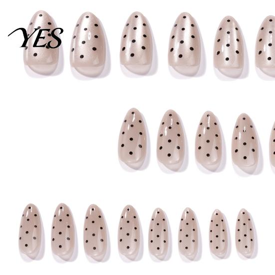 Black Dot Fake Nails 24Pcs Polka Dots Press on Nails, Long Almond Stick-on On Glossy Full Cover Glue False for Women Girls Comfortable