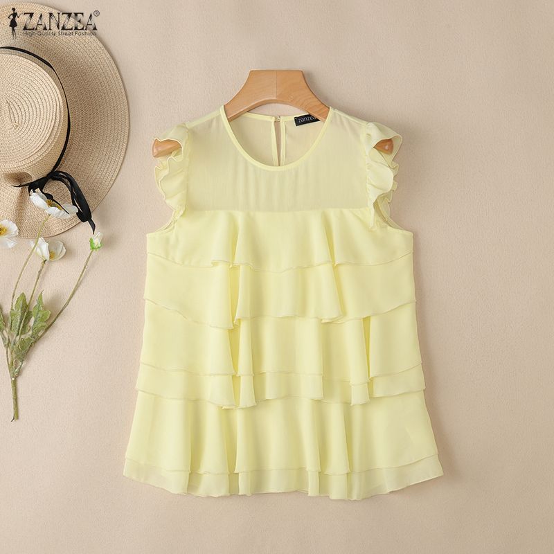 ZANZEA Women Casual Round Neck Loose Sleeveless Ruffles Blouse