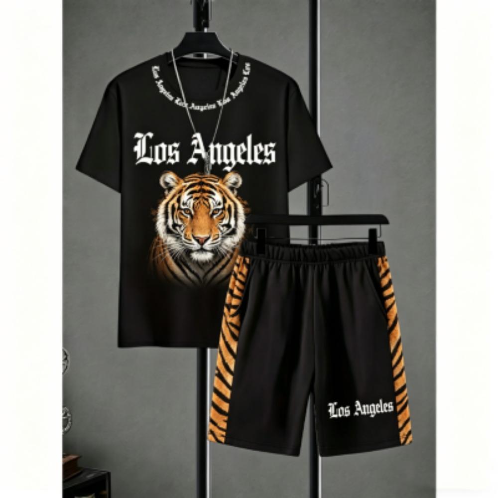 Fashion Men's Set Animal Tiger Lion Stripe Printed Men's T-shirt and Shorts 2 Piece Set Summer Casual Outdoor Men's and Women's T-shirt Sets