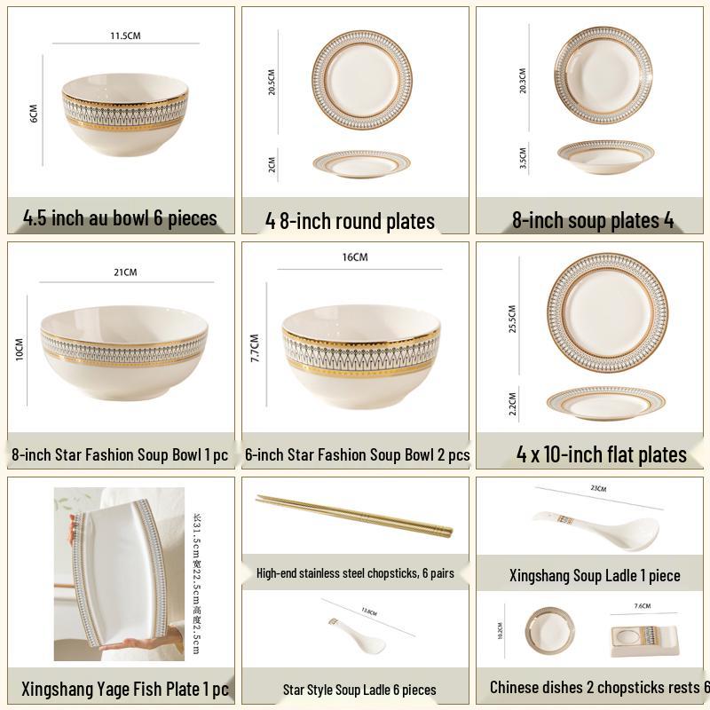 European Style Gold Rim Ceramic Dinnerware Set - Includes Large Bowls, Soup Bowls, Plates, and Rice Bowls for New Year Celebrations.