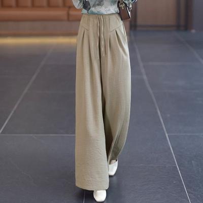 Women Casual Pants Elastic Waist Adjustable Drawstring Long Trousers with Pockets Solid Color Loose Fit Wide Leg Pants