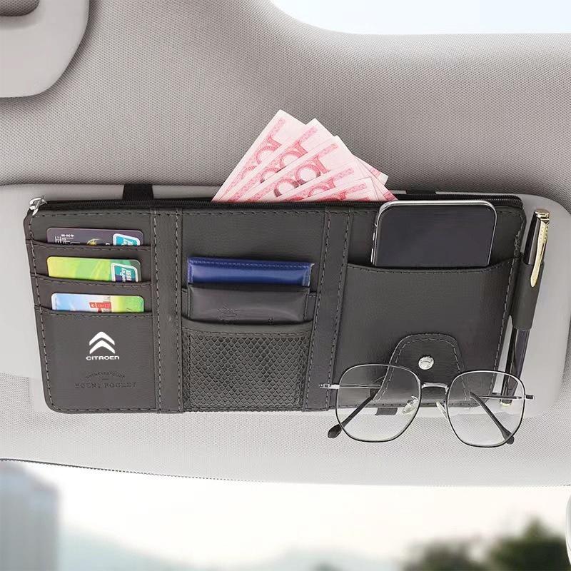 

Car Sun Visor Storage Bag PU Leather Multi-Pocket Car Glasses Clip Card Holder Storage Pocket for Citroen C4 C3-XR C5 Aircross