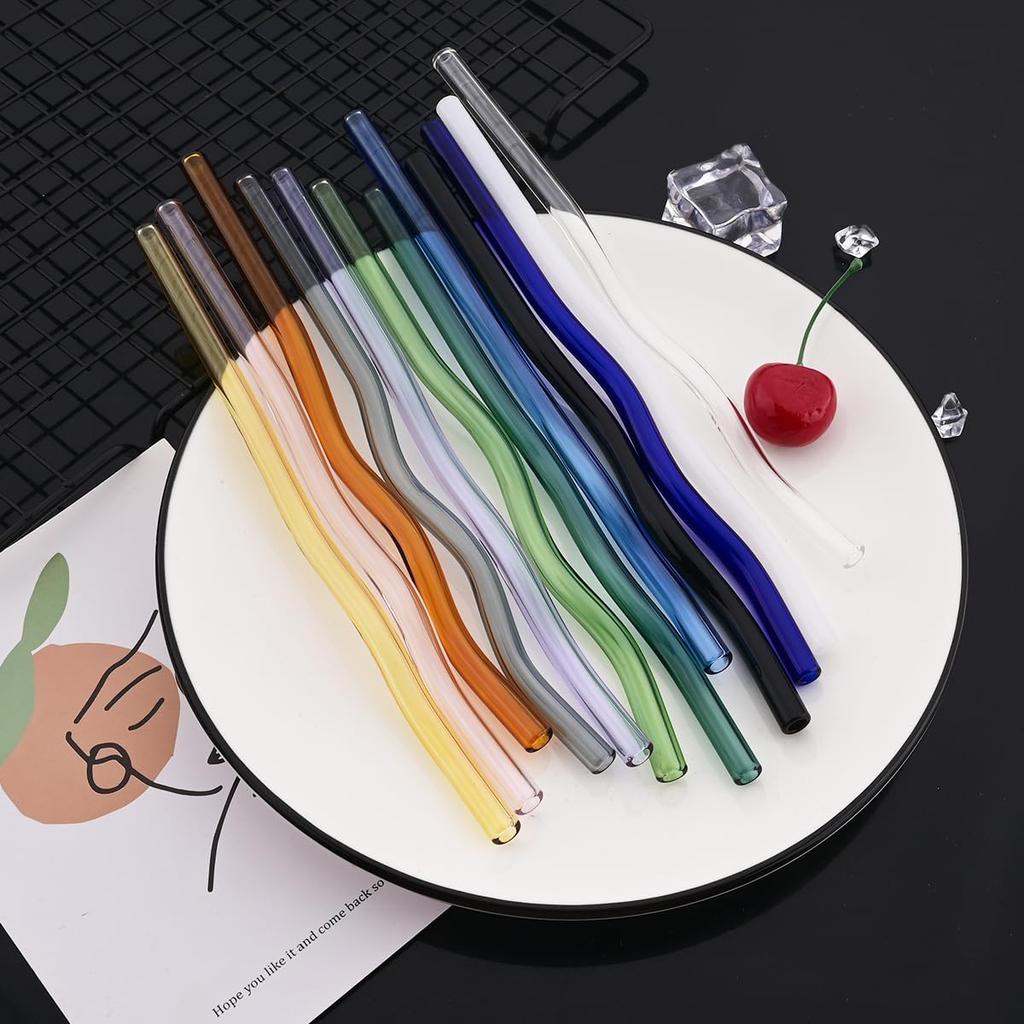 Wavy Glass Straws 11pcs Multicolor Reusable Glass Drinking Straws with Black Pouch for Drinking Beverages Coffee Milk Tea