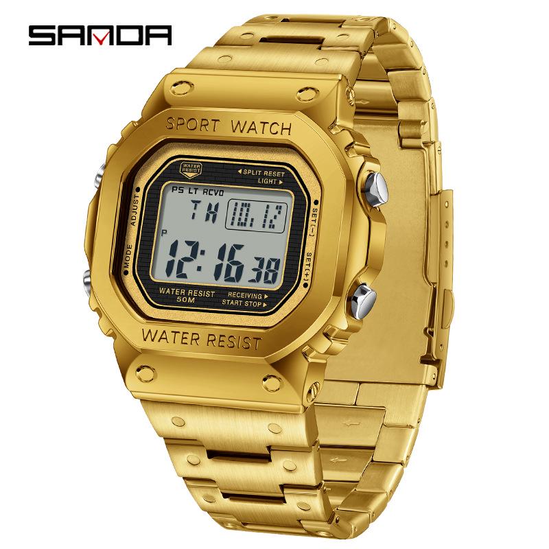 Sanda Men's Square Waterproof Electronic Watch with Fashionable Light and Alarm Clock.