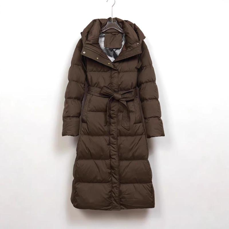 Autumn and Winter New Long Down Jackets for Women Over the Knee, Hooded Waist and Thin High-end Warm Jacket