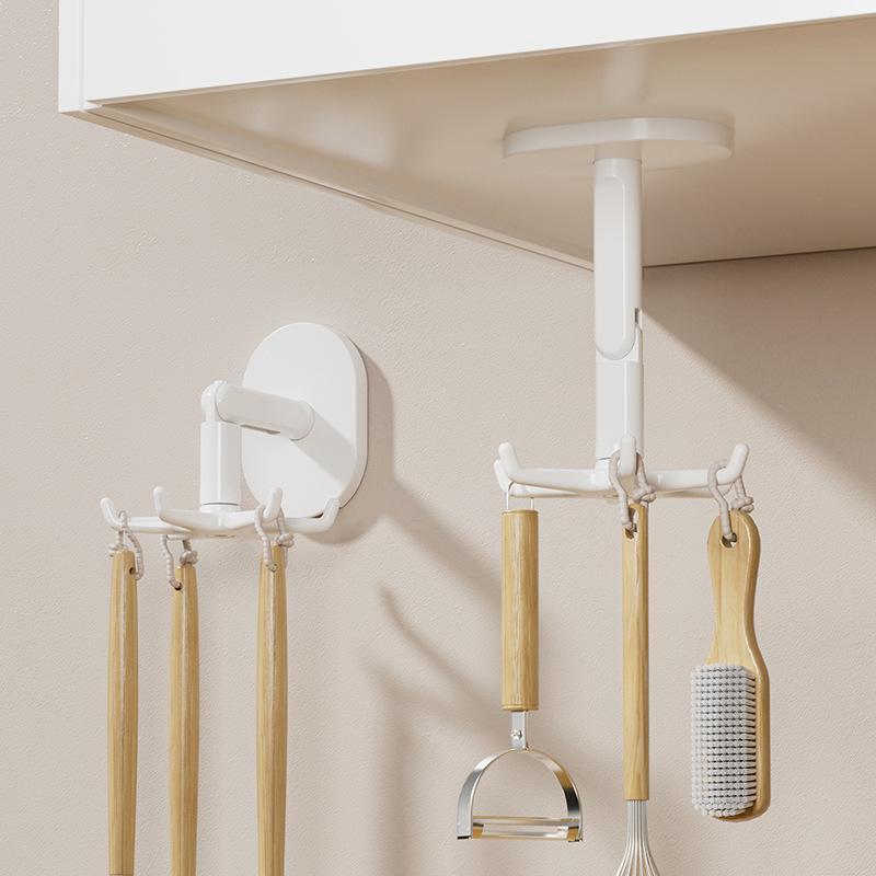 360 Degree Rotating Adhesive Wall Hook Rack With 4 Hanging Hooks Drill Free For Kitchen Bathroom Storage