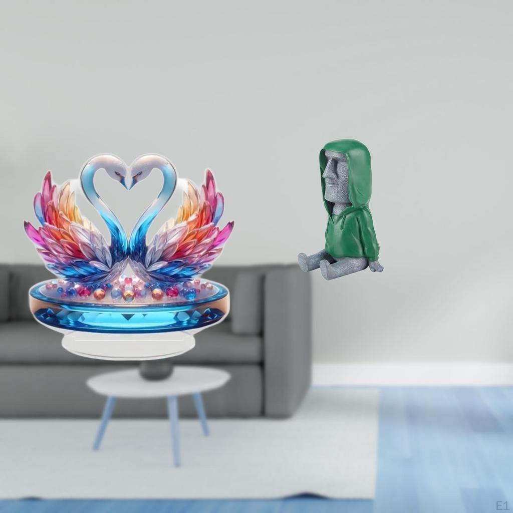 Acrylic Swan Sculpture And Moai Head Statue Fusion Centerpiece Unique Tabletop Cabinet Decor for