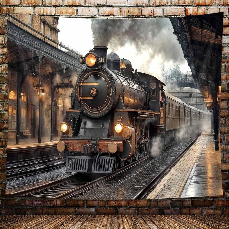 Christmas Train Station Tapestry Wall Hanging Steam Locomotive Snowy Tree Night Aesthetic Wall Art Bedroom Decor