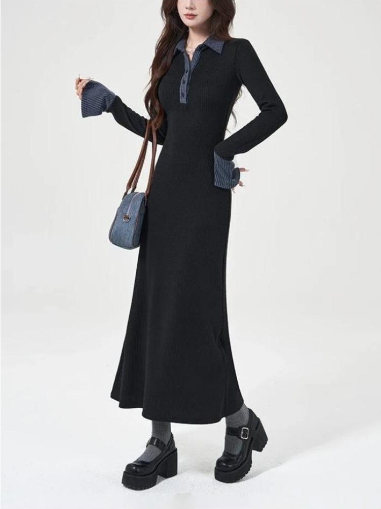 

Korean Contrasting Color Lapel Long-sleeved Knitted Dress New Style High-end Waist Slimming Inner A-line Long Skirt for Women S чорний