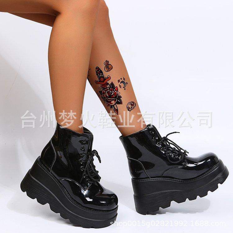 Automne et hiver nouvelles bottines Martin à plateforme muffin à tige courte à lacets à talon compensé chaussures pour femmes rehaussantes bottes pour femmes