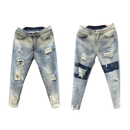Holes Jeans Slim-fitting Cropped Zipper Closure Small-footed Mid Waist Daily Wear Breathable