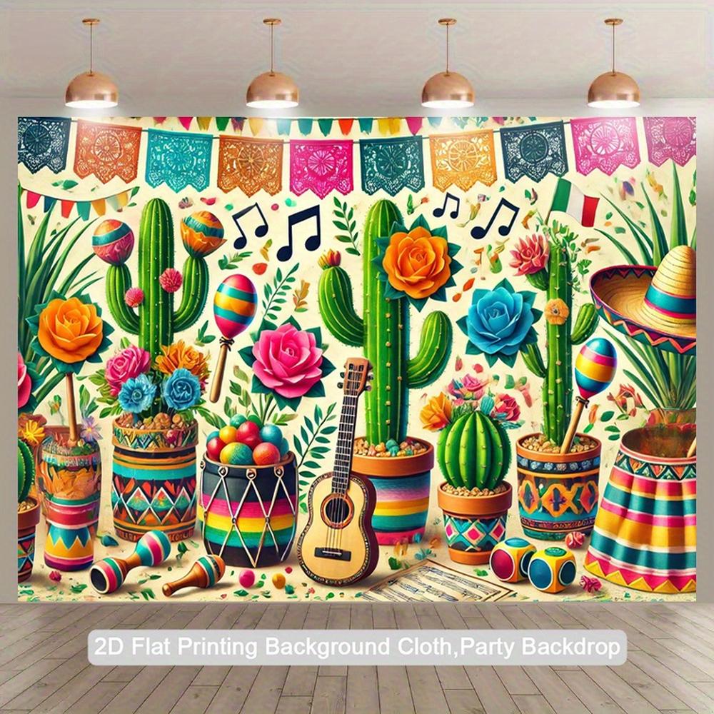 Bannière plate 1 pièce de tissu de fond pour une fête de carnaval mexicain présentant des cactus des chapeaux à larges bords et des maracas