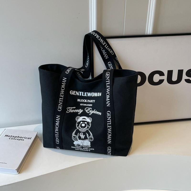 

Cute Cartoon Bear Pattern Canvas Bag Women 2024gentlewoman Fashionable Colorful Shoulder Tote Bag Black