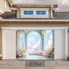 2D Pastel Blue Window Backdrop, Pink Flowers & Cloudy Sky Background