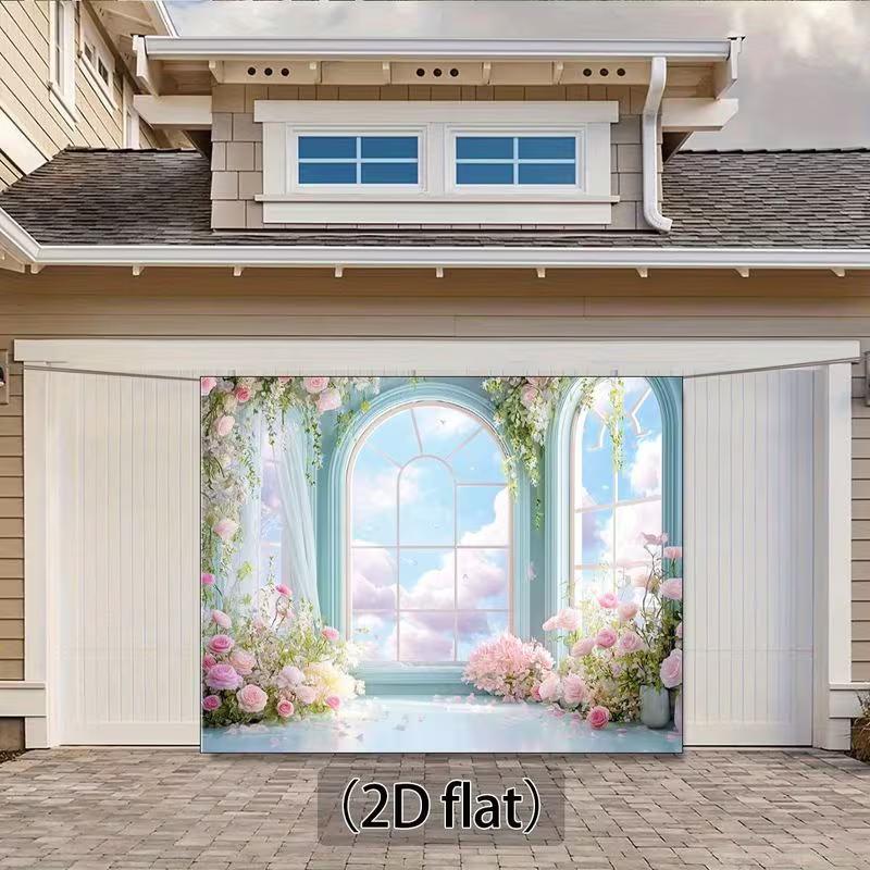 2D Pastel Blue Window Backdrop, Pink Flowers & Cloudy Sky Background