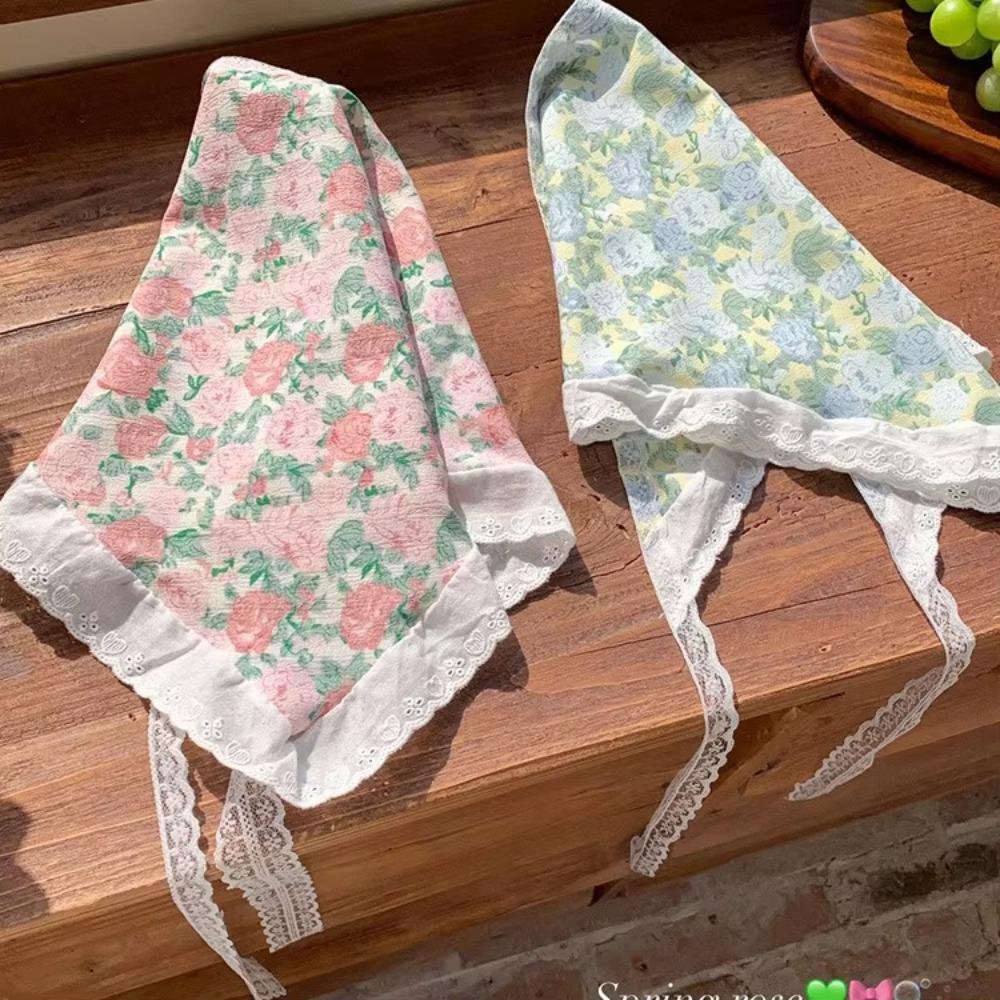 Elegant Floral Cotton Head Scarf Soft Wrap Printing Hair Scarf Vintage Lace Triangle Scarf  Beach