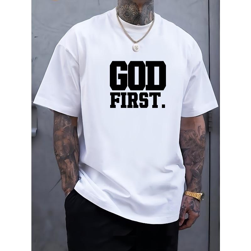 European Sizes Navy Blue Men's GOD FIRST Bold White Lettering T-Shirt - Christian Faith Statement Tee, Casual Round Neck Summer Top for Church