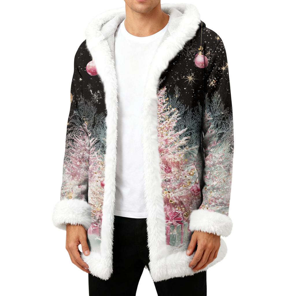 Men's Christmas Long Hooded Cardigan With Pockets Warm Jacket