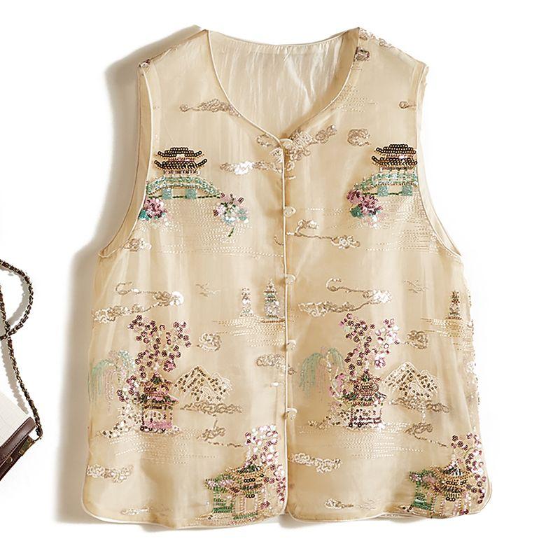 

Chinese Special Quality Outwear! Women s Summer Organza Single-Breasted Landscape Courtyard Embroidered Sequin Pattern Vest Beige L