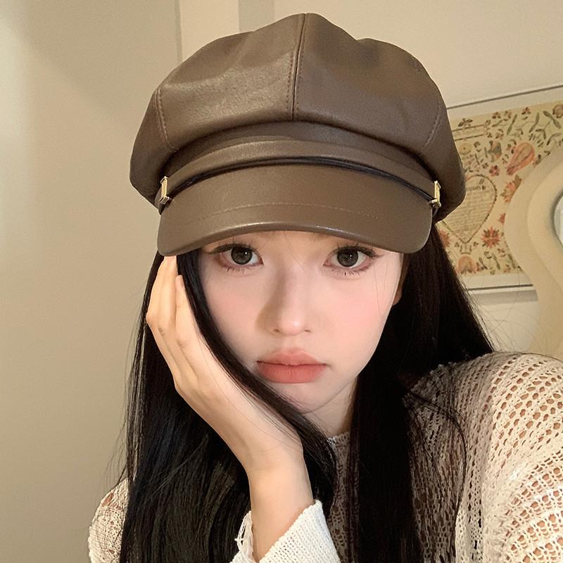 Stylish 2024 Fashionable Pu Beret Hat For Women Summer Lightweight Versatile Cap With Embroidery