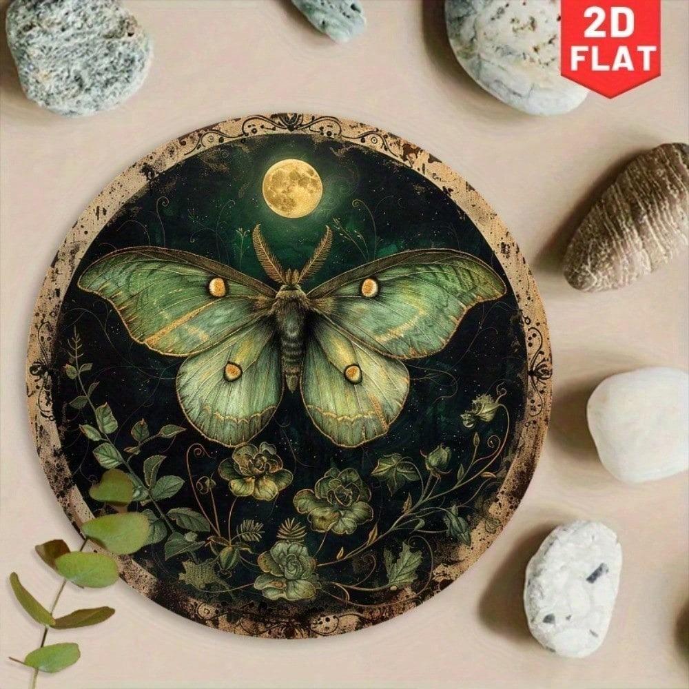 Vintage Luna Moth Metal Sign Handmade 3D Wall Art Round Moon Flower Decor 20cm