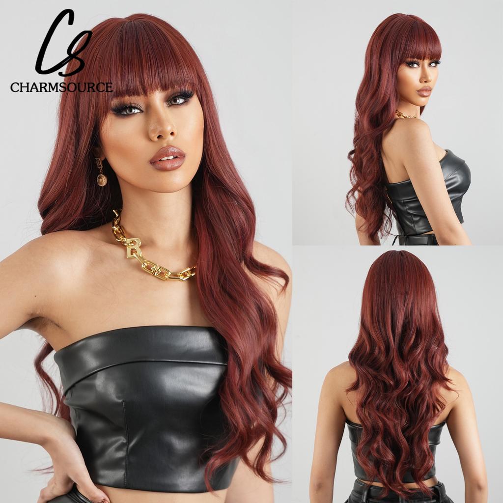 CharmSource Lange natürliche gewellte Perücke mit ordentlichem Pony/Fransen für Frauen, rosa Haar, synthetische Perücken, Cosplay, Party, hitzebeständige Faser