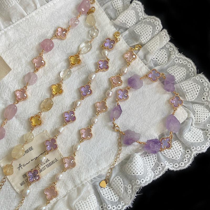 Pink Four-leaf Flower Bracelet Freshwater Pearl Natural Crystal Bracelet, Sweet Internet Celebrity Small Fragrance Citrine Bracelet.