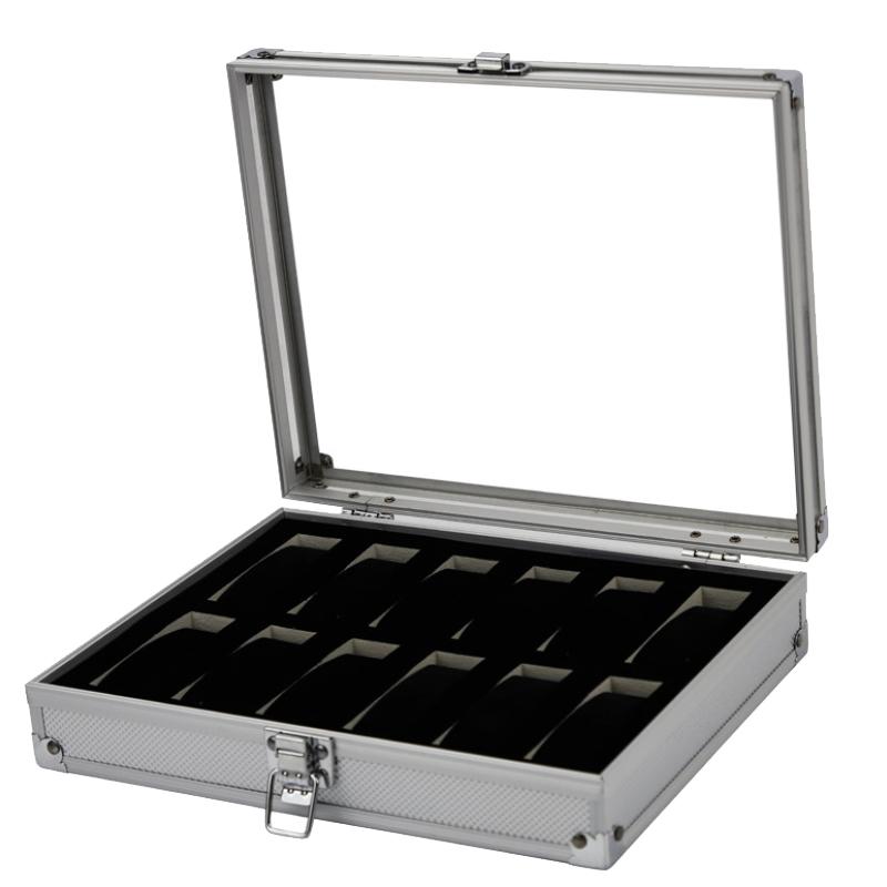 Handige Aluminium Horlogedoos 12 Vakken Sieraden Horloges Display Opbergdoos Vierkante Koffer Suede Binnenkant Rechthoekige Horlogehouder