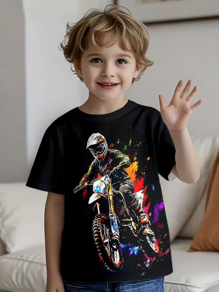 Motorcycle rider 3D printed T-shirt for boys, suitable for boys, short-sleeved top, fashionable street style children's clothing for summer.
