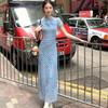 New Chinese Style Cheongsam Collar Blue Polka Dot Buckle Dress Women's Summer New Slim Waist and Hip Long Dress
