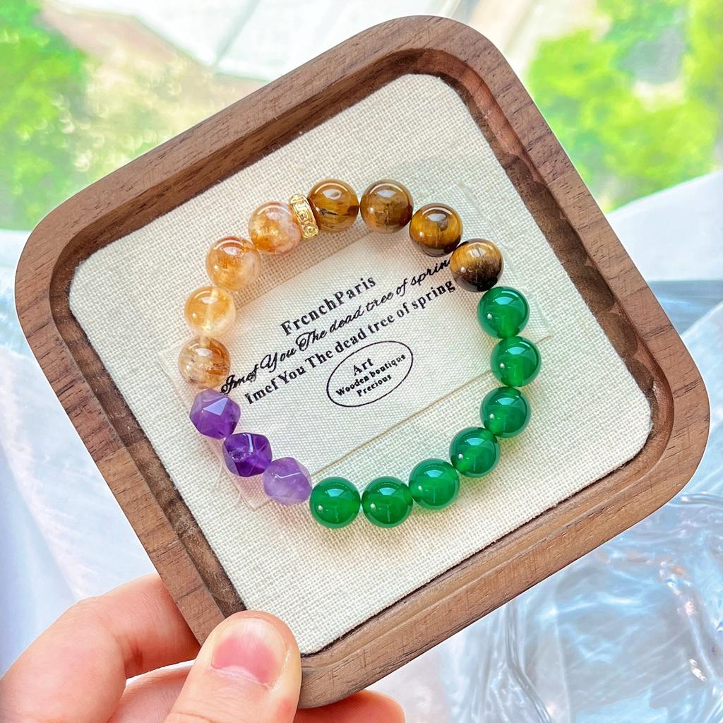 10Mm Natural Amethyst Tiger'S Eye Yellow Tower Crystal Green Chalcedony Design Bracelet