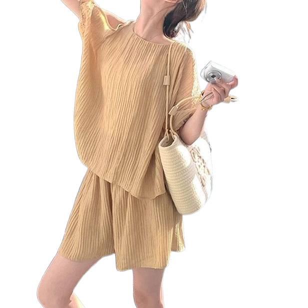 Korean Off-Shoulder Chiffon Top & Shorts Set, Women's Summer Petite Collection, Fresh & Airy Style
