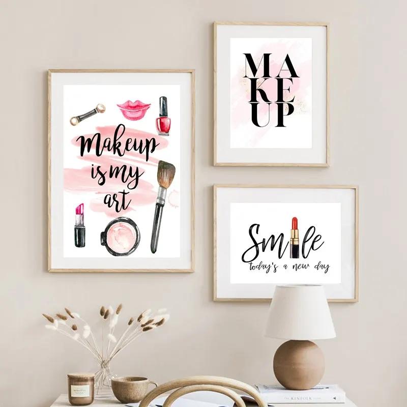 Fashion Lipstick Cosmetics Brush Posters and Prints Wall Art Pictures Cosmetic Canvas Paintings for Beauty Girl Room Home Decor