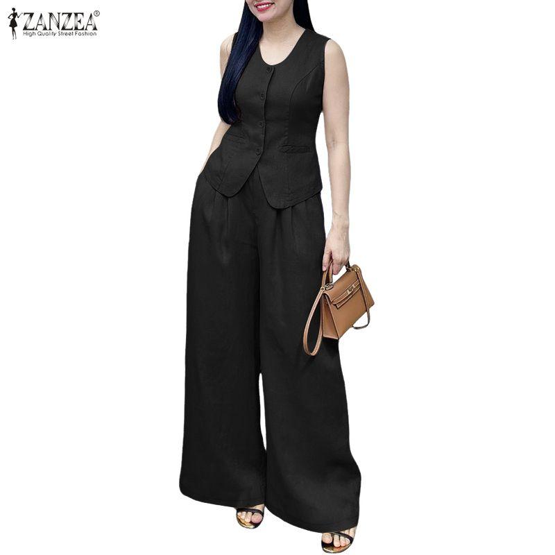 ZANZEA Women Sleeveless Vest Tops and Pants Casual Two Piece Suit Sets