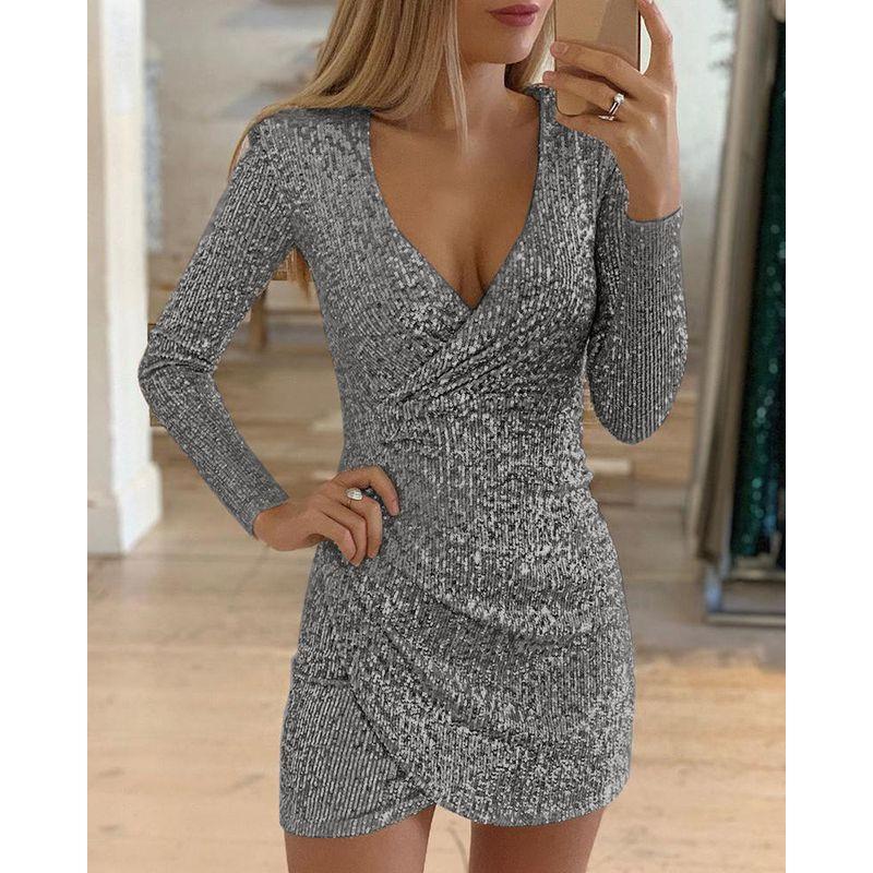 Long Sleeves Sequin V Neck Dress Sexy Party Dress Dress Sequin Party Dress Women