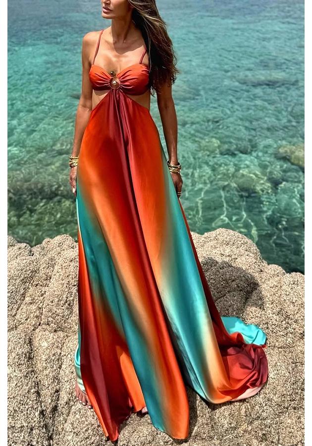 2025 Spaghetti Strap Gradient Island Style Beach Dress Small